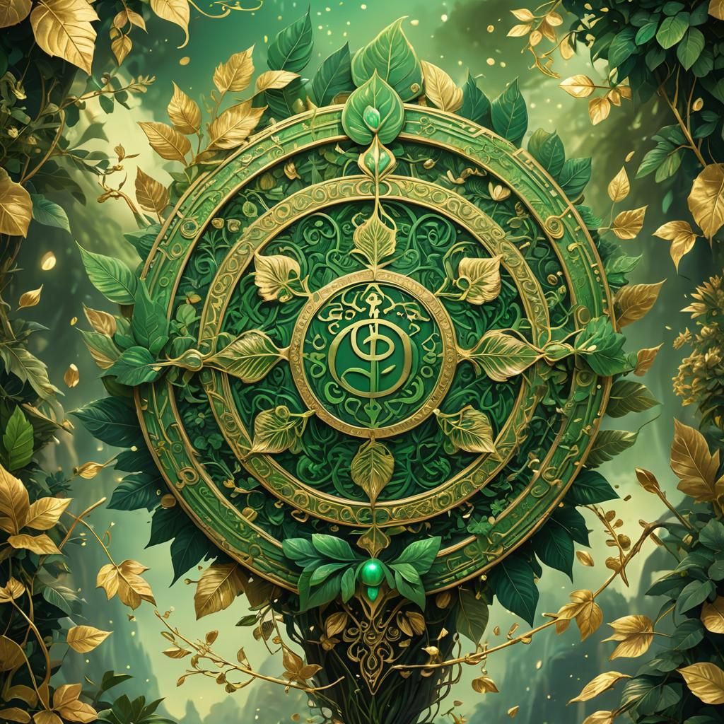 Green Reiki Symbols with Gold Leaves, Digital Art