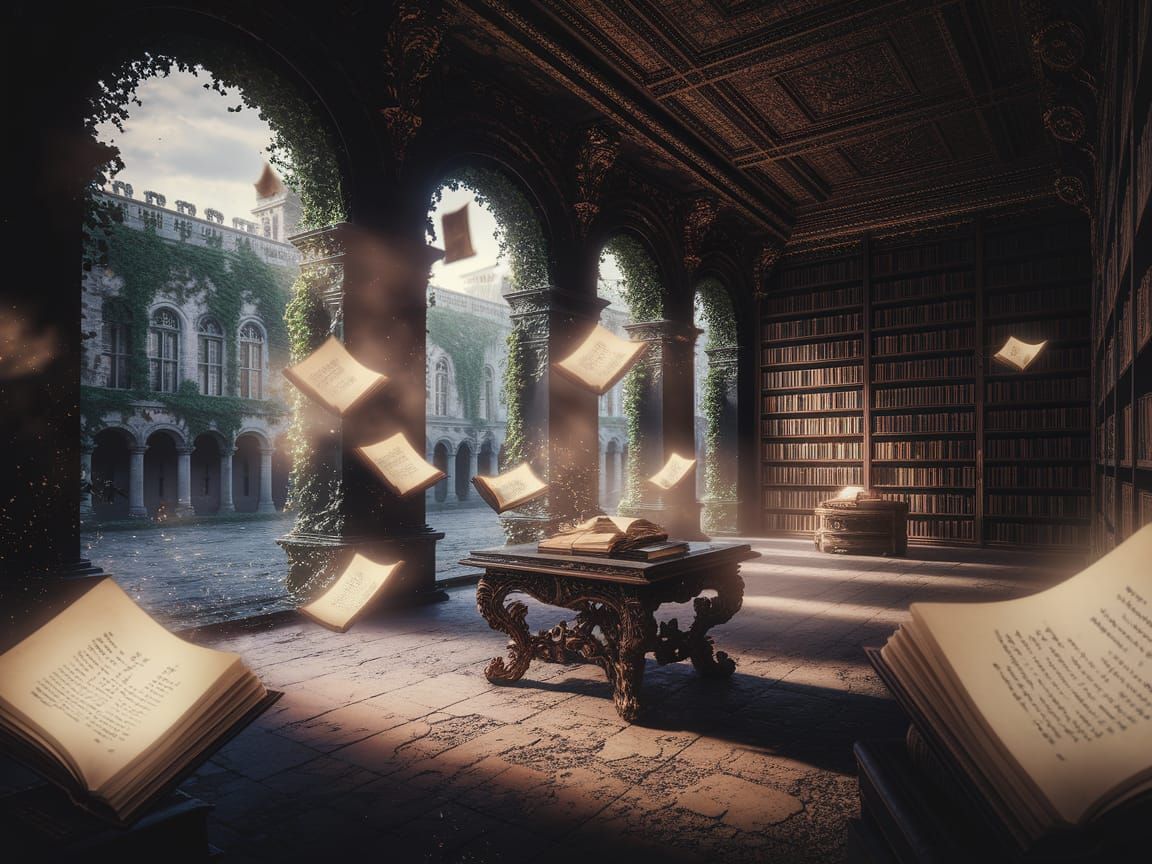 Ethereal Library of Floating Tomes in Dark Fantasy Style