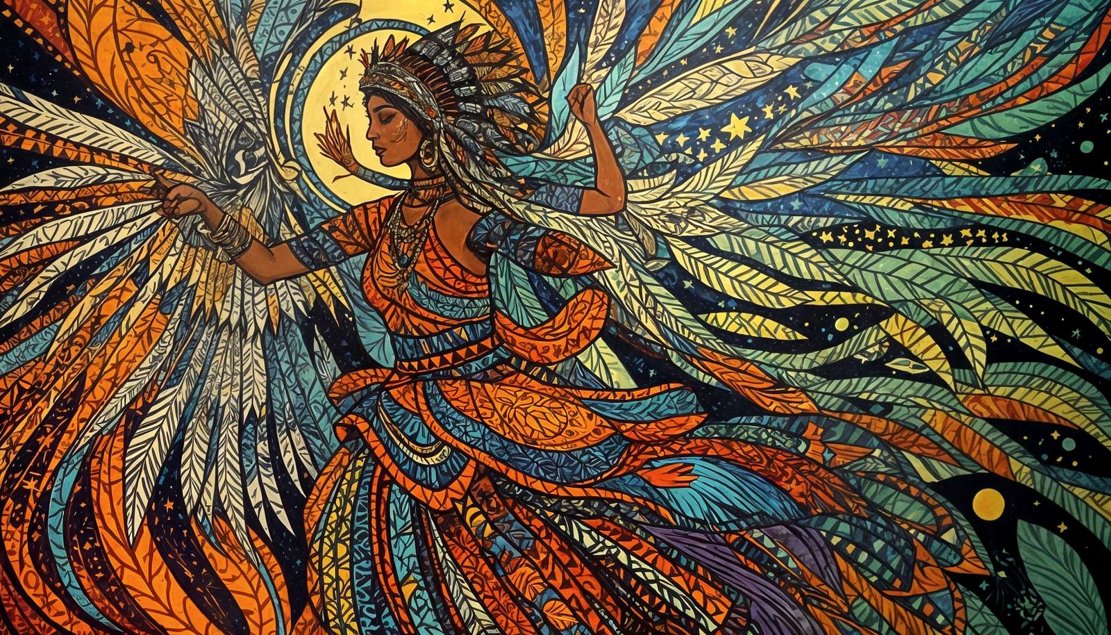 Vibrant Witch Jazz Dance Under Starlight in Primitivism Styl...