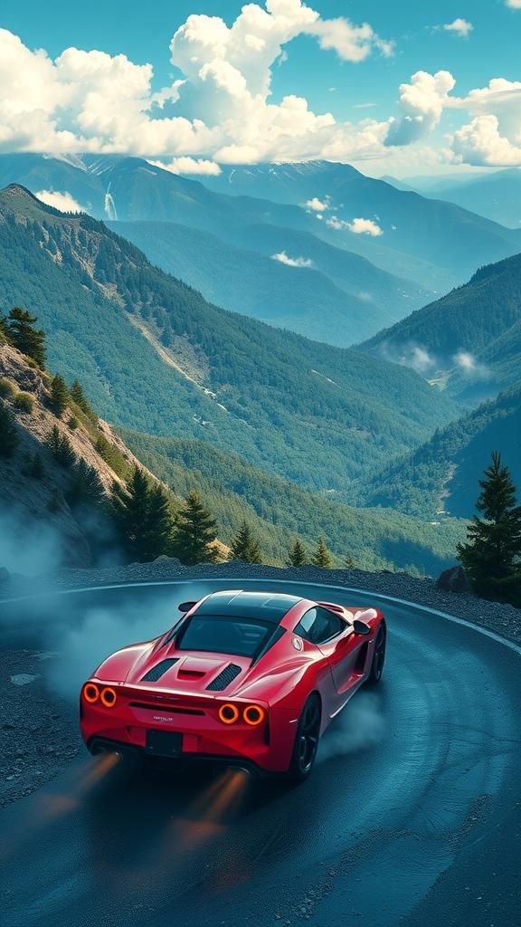 Sports Car Drifting: Anime-Inspired Mountain Landscape