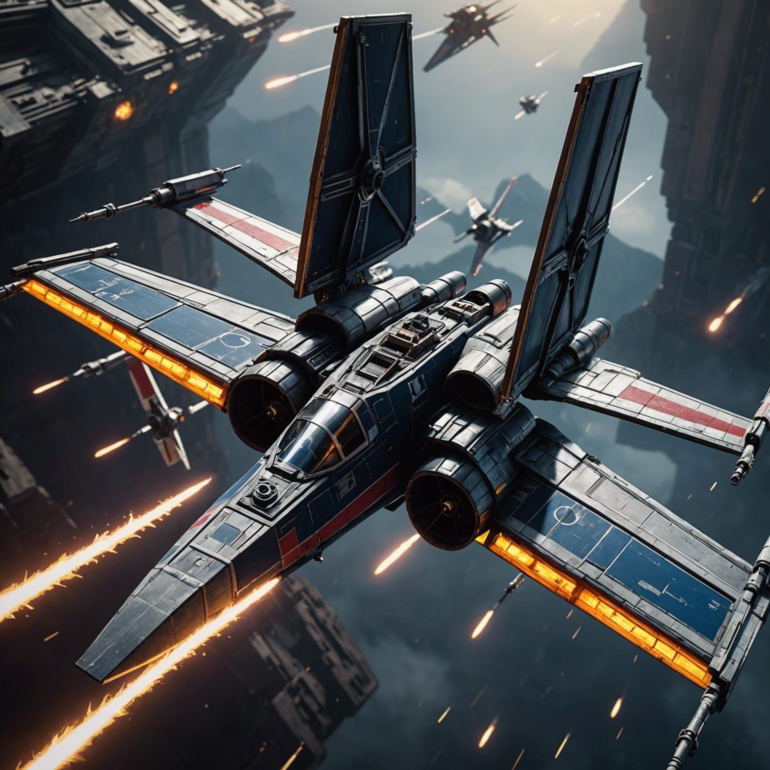 X-Wing Fighter in Laser Battle, Digital Art