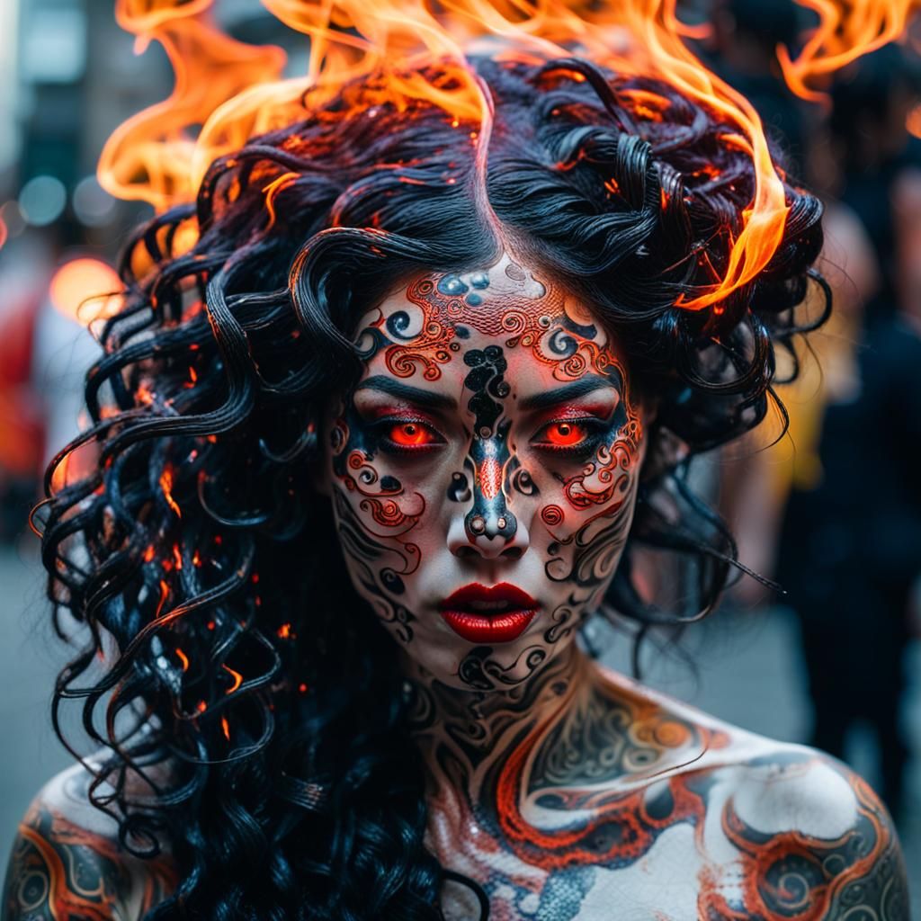 Macabre Demon Engulfed in Flames on Hibiya Street