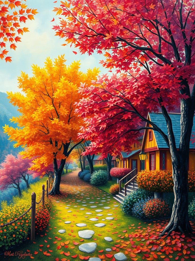 Autumn Village: A Watercolor Impression in Art Nouveau Style