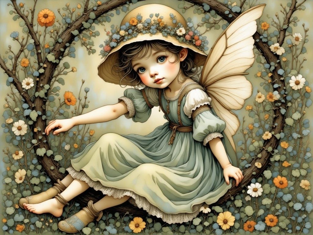 Whimsical Flower Elf in Bramble Bush, Enchanted English Land...