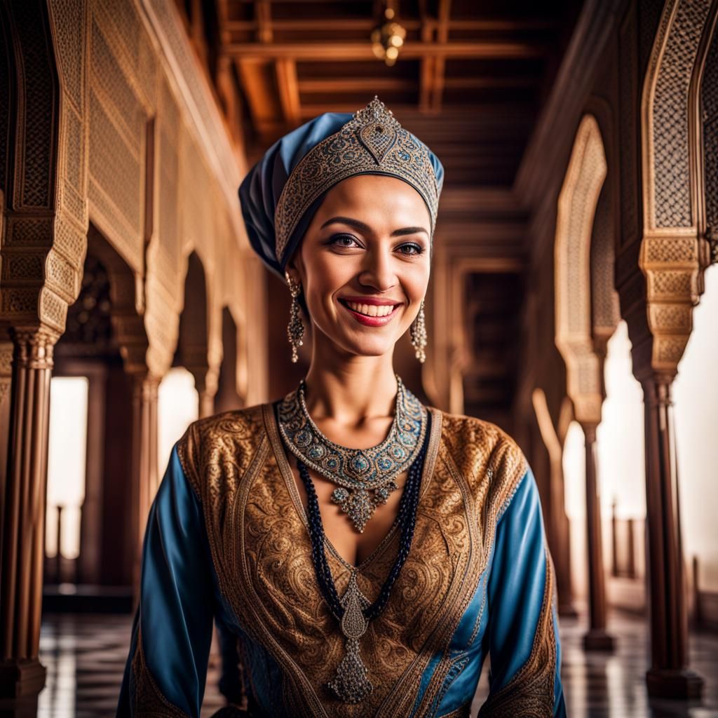 Smiling Moroccan Queen in Palace, Hyperrealistic Style