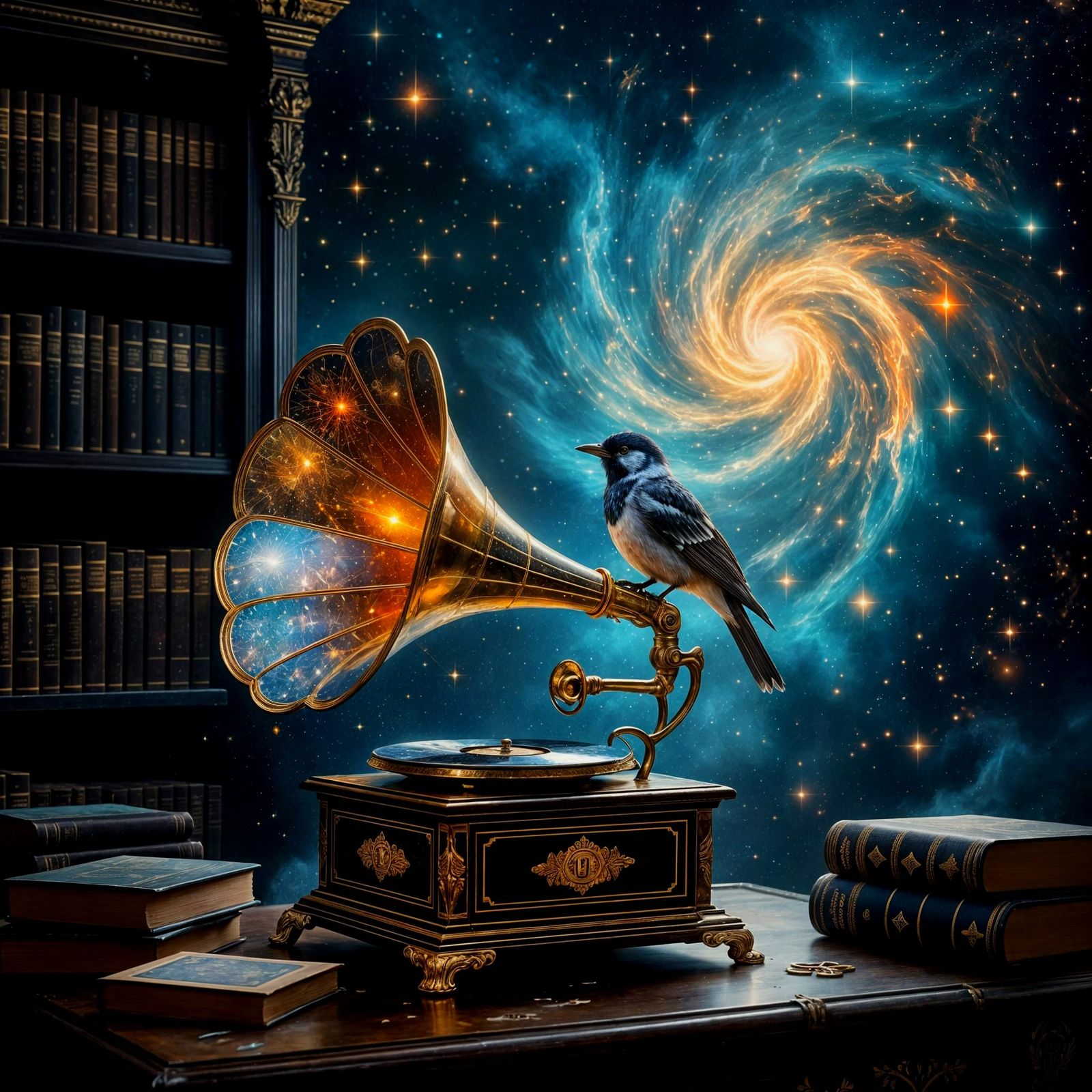 Cosmic Bird on Gramophone in Starlit Study