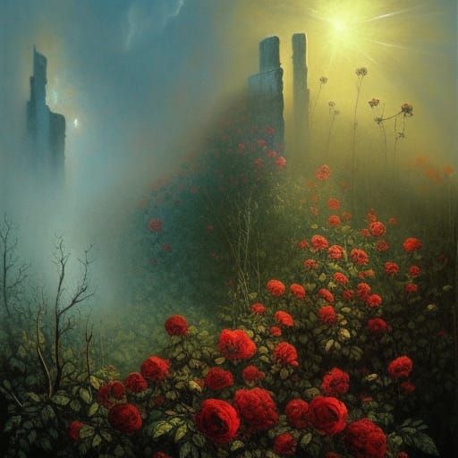 Sunlit Roses in Mist, a Surreal Scene