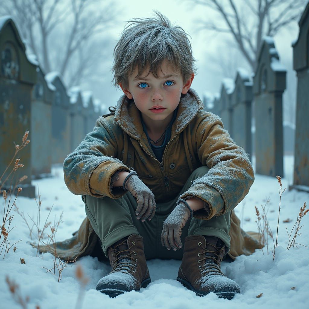 Resilient Young Survivor Amidst Post-Apocalyptic Winter Ruin...