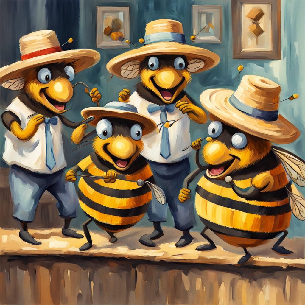 Bees Sing Barbershop in Cartoon Gouache Style