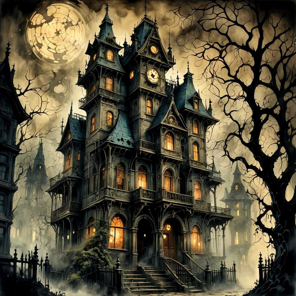Eerie Haunted House in Steampunk Ink Painting Style