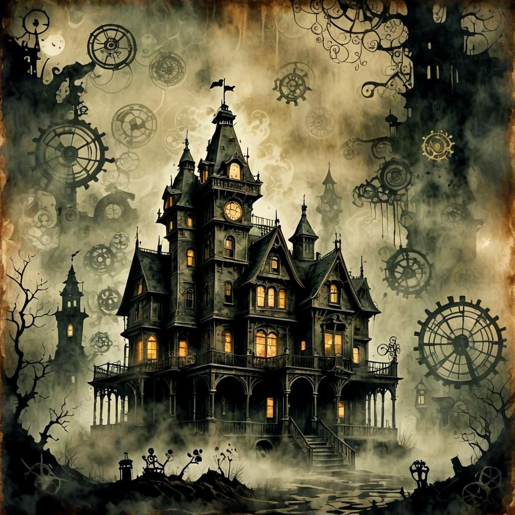 Eerie Haunted House in Steampunk Ink Style