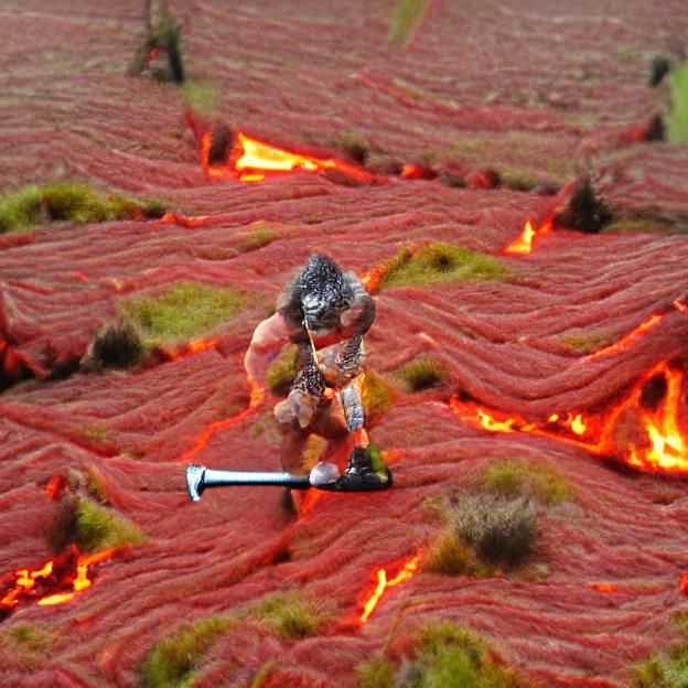 Orc Barbarian on Lava Field with Great Sword