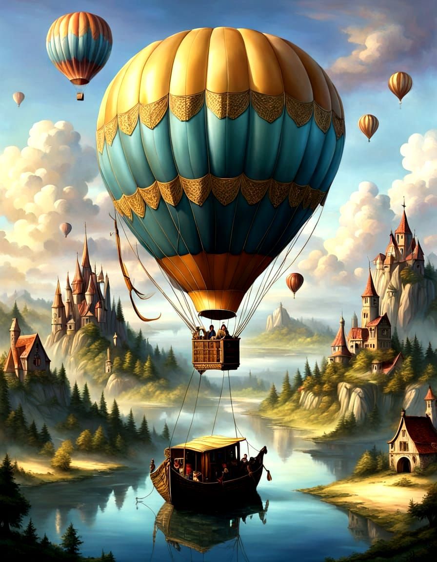 Ultra detail magical fantasy realism, iridescent blue purple green hot air balloon with giant feathery wings carries a m...