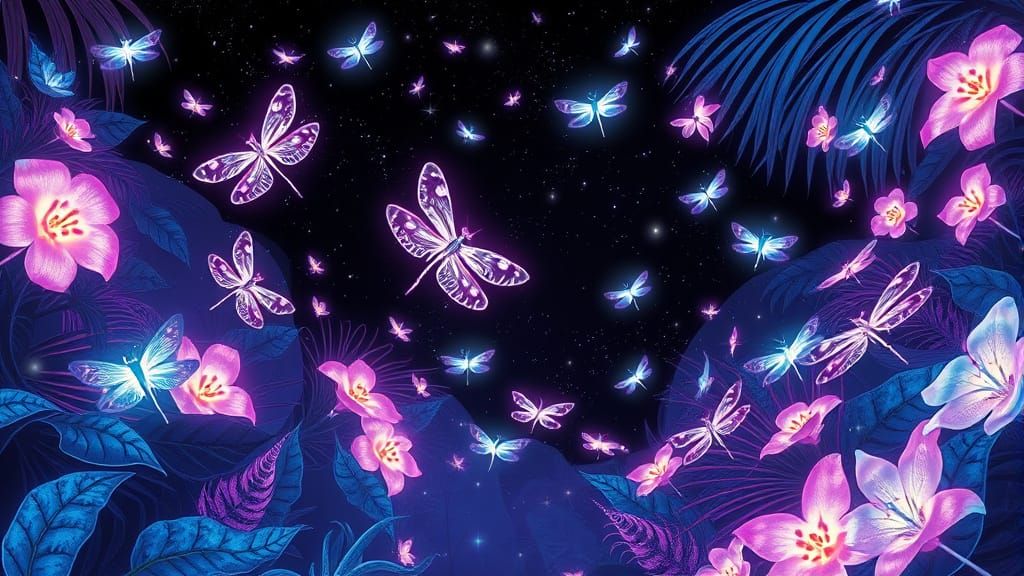 Glowing Dragonflies in Fractal Zentangle Garden