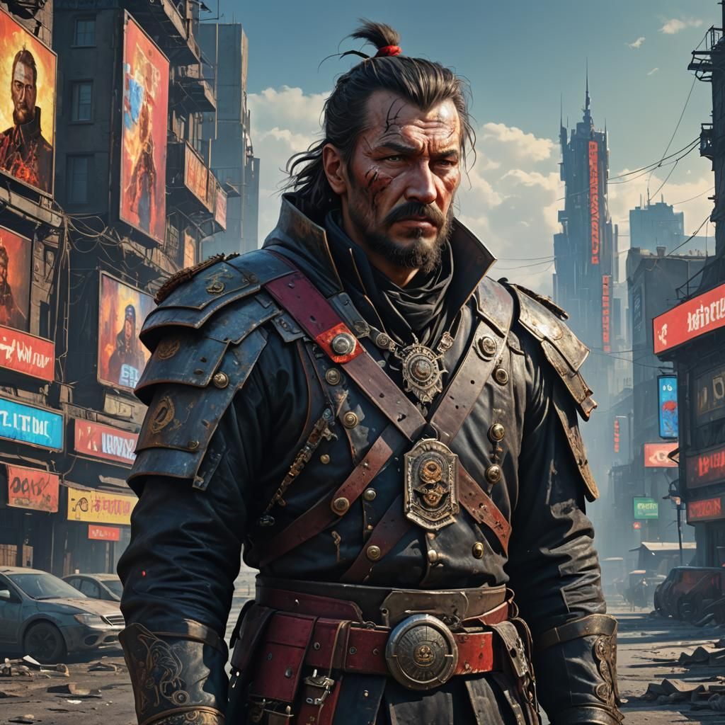 Cossack Hetman in Cyberpunk Cityscape