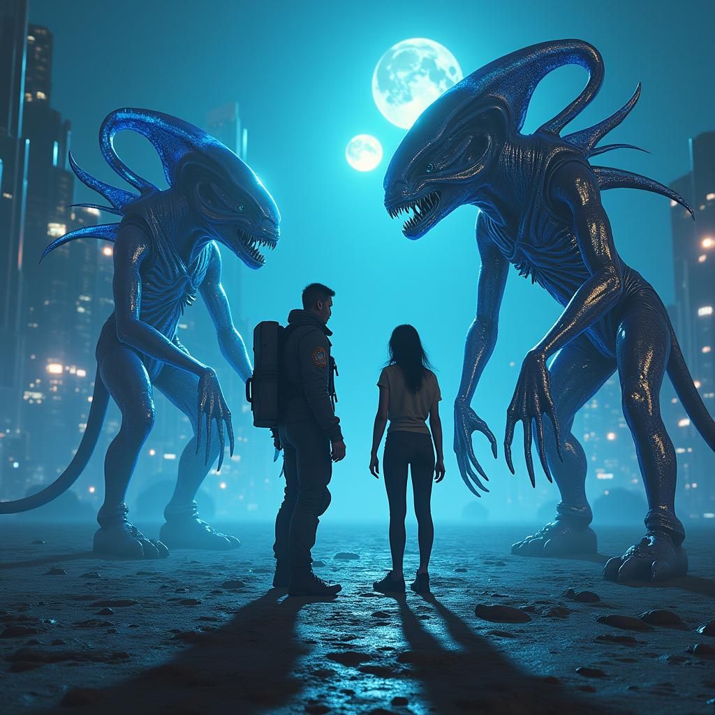 Human-Alien Standoff in Futuristic Colony as Impasto Paintin...