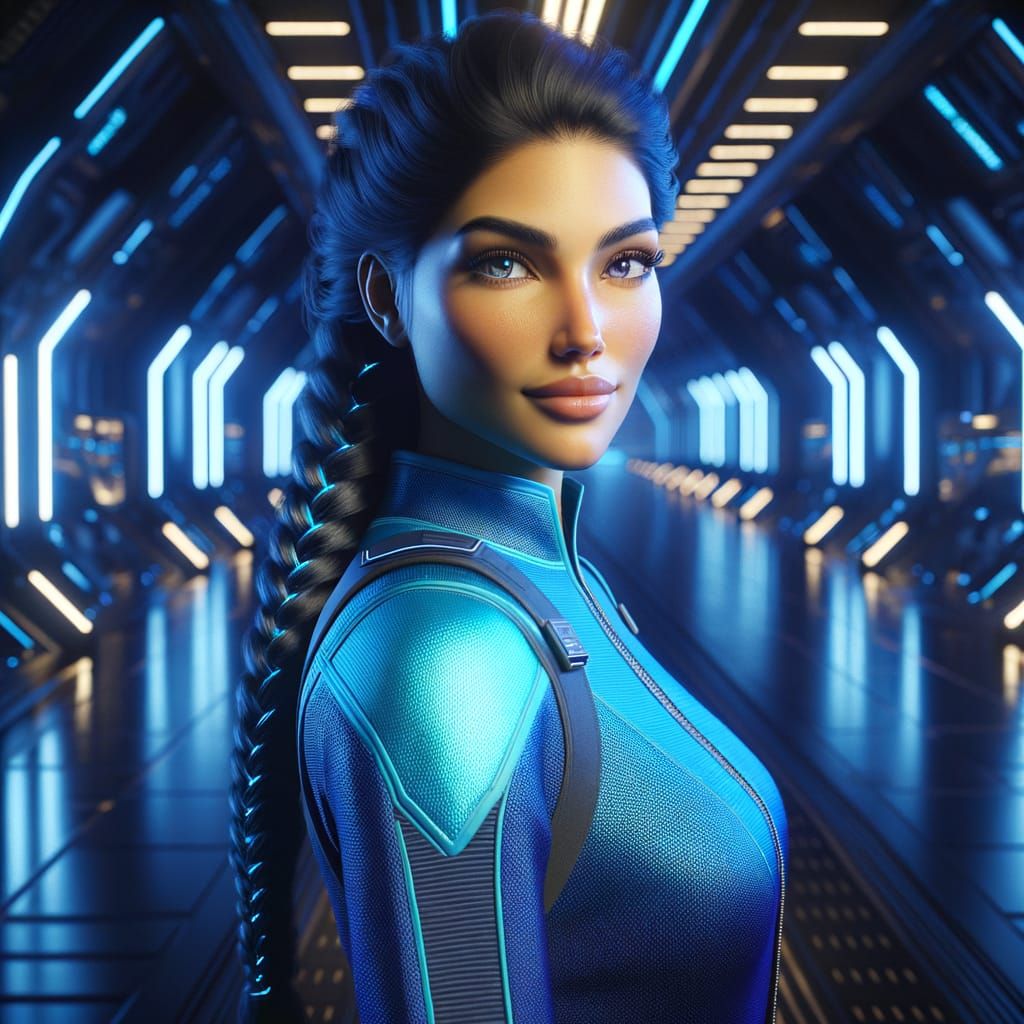 Gorgeous Hispanic Space Officer in Neon Blue Uniform