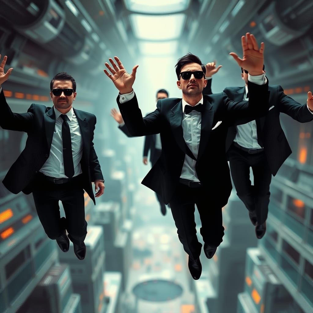 Weightless Men in Black in Futuristic Cityscape