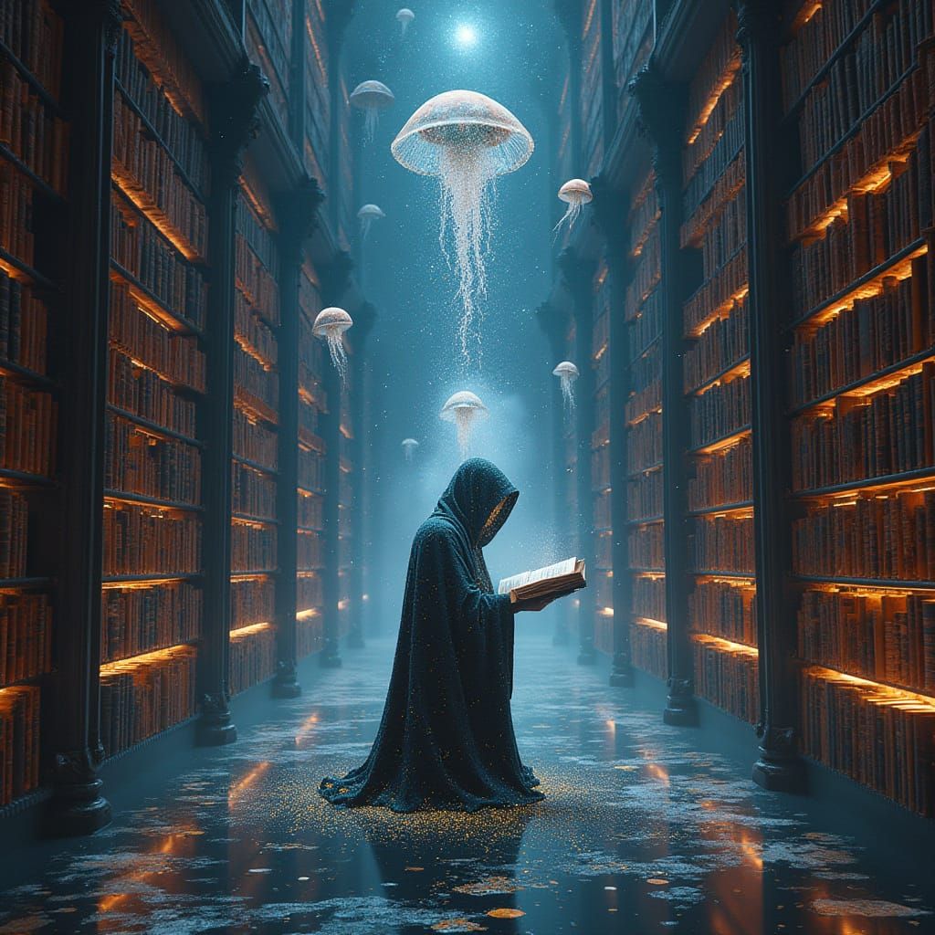 Cosmic Library in Cyberpunk Dreamscape