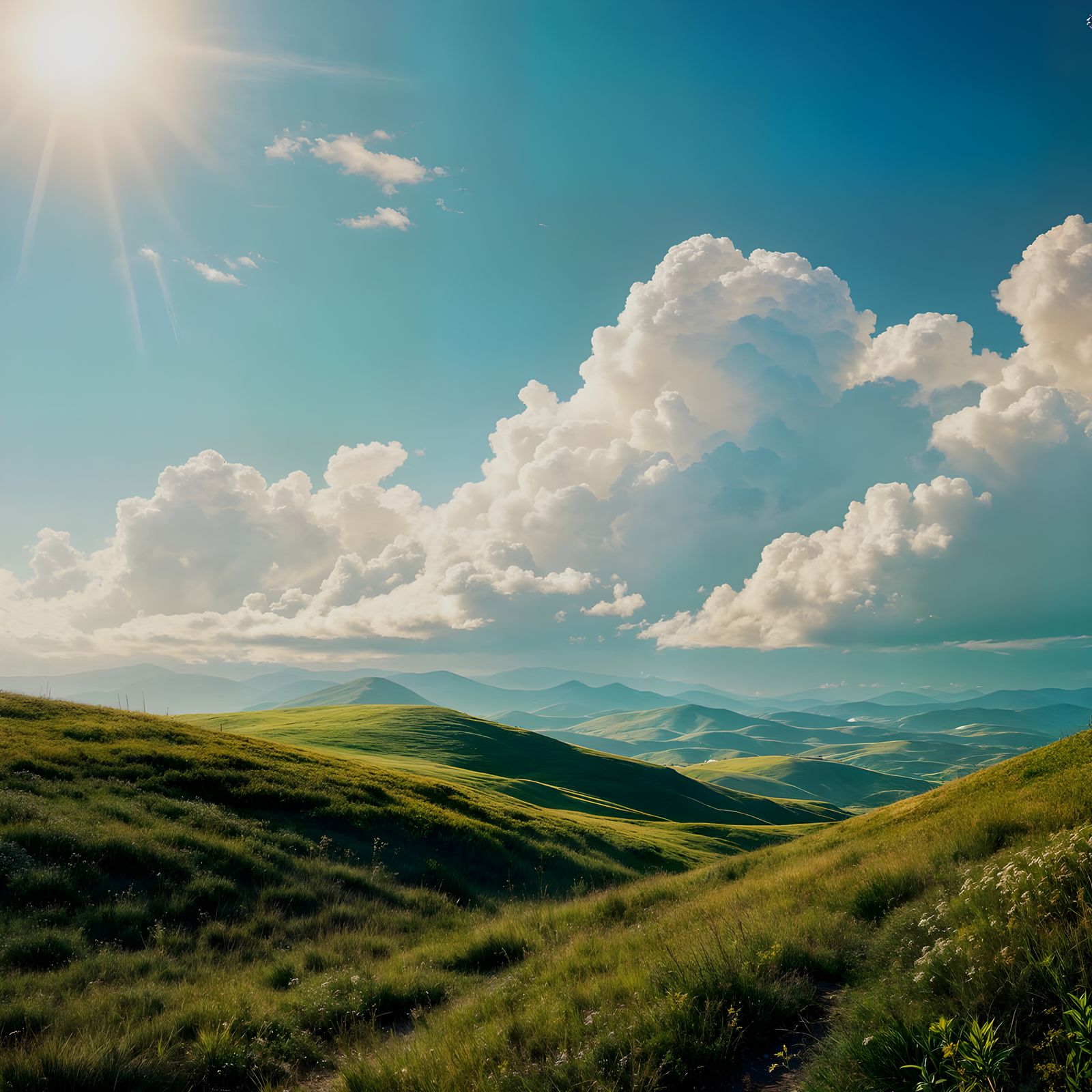 Serene Landscape in Sunlight: Cinematic Film Still