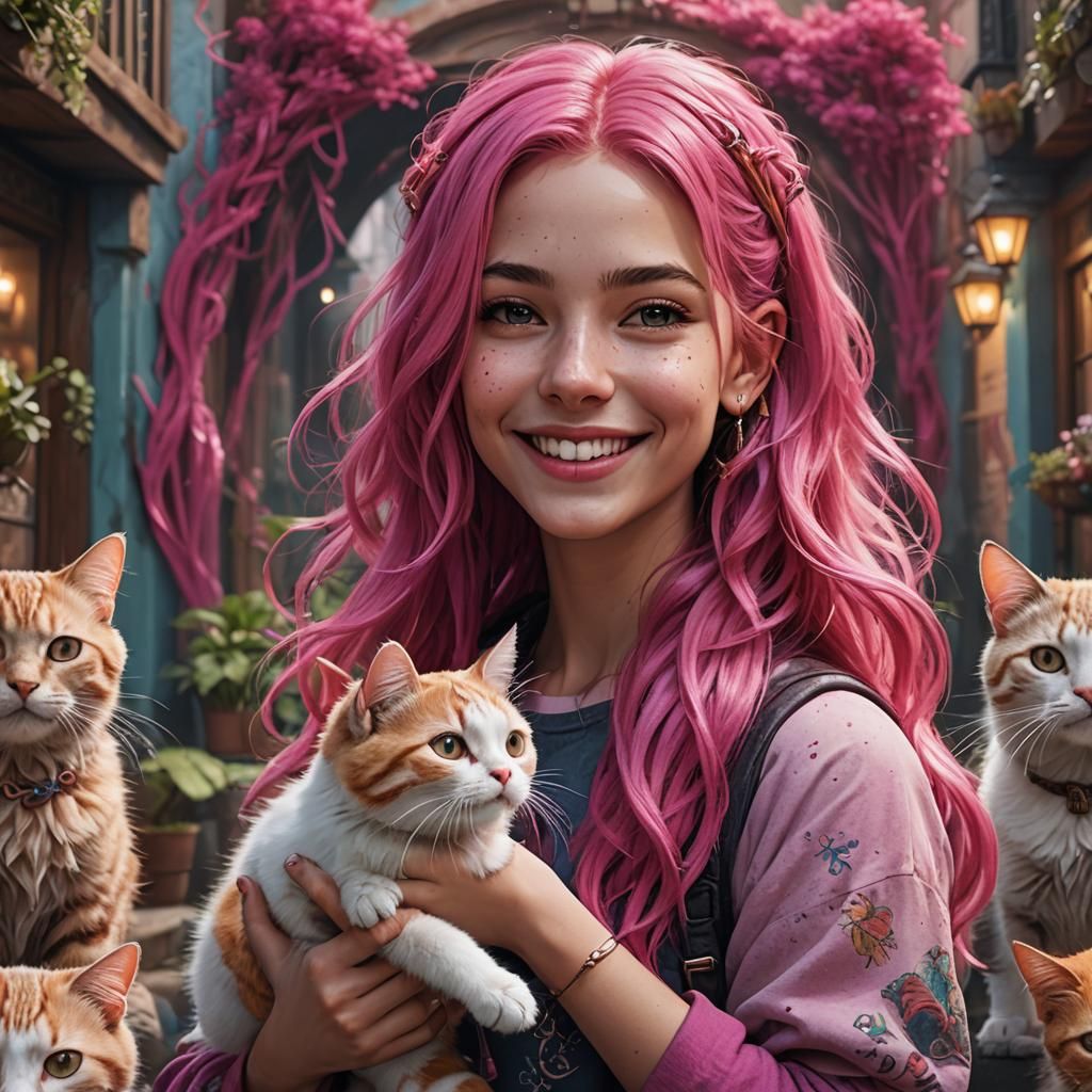 Girl with Pink Hair Holding Cat: Detailed Digital Art