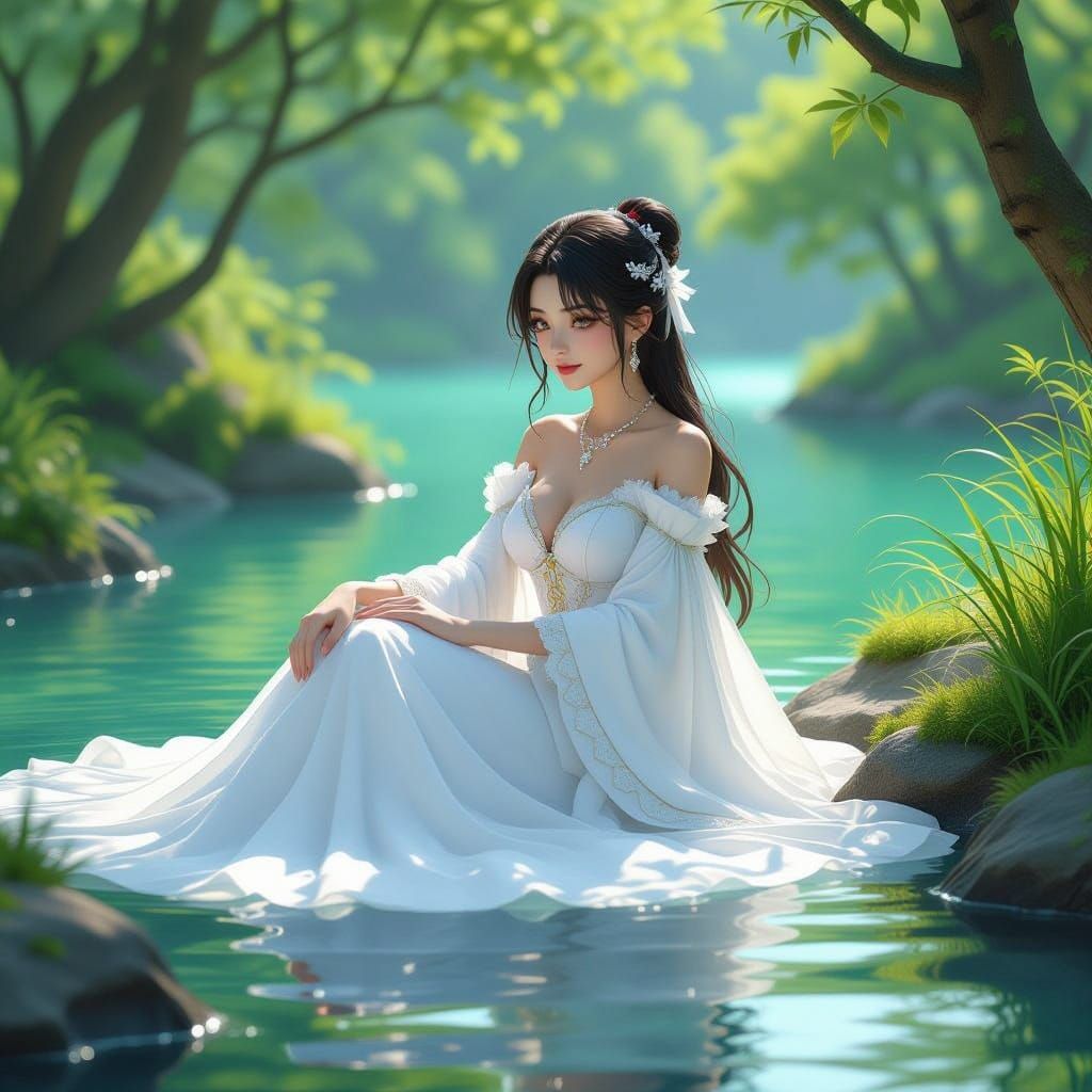 Anime Princess Bathes in Lake: 3D Art