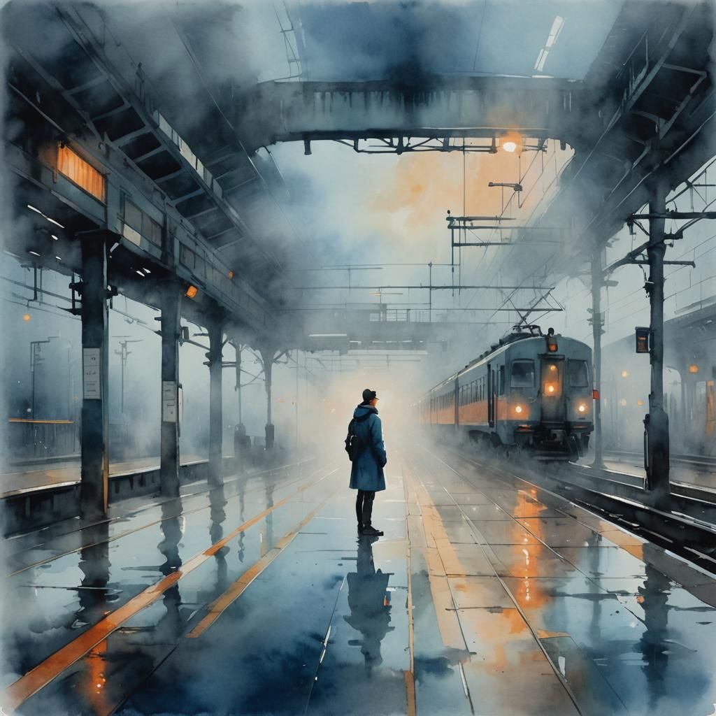 Eerie Impressionist Painting of Lone Figure on Platform