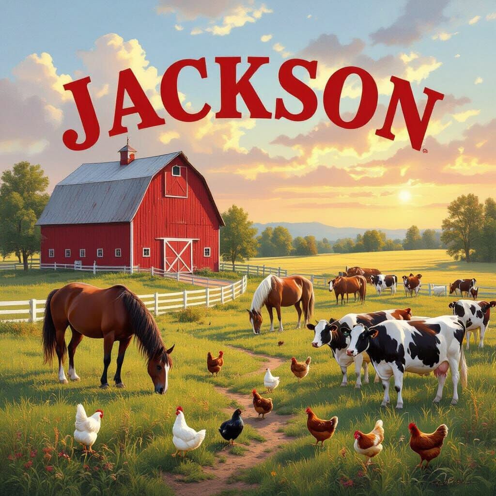 Vibrant Farm Scene with Red Barn and Animals