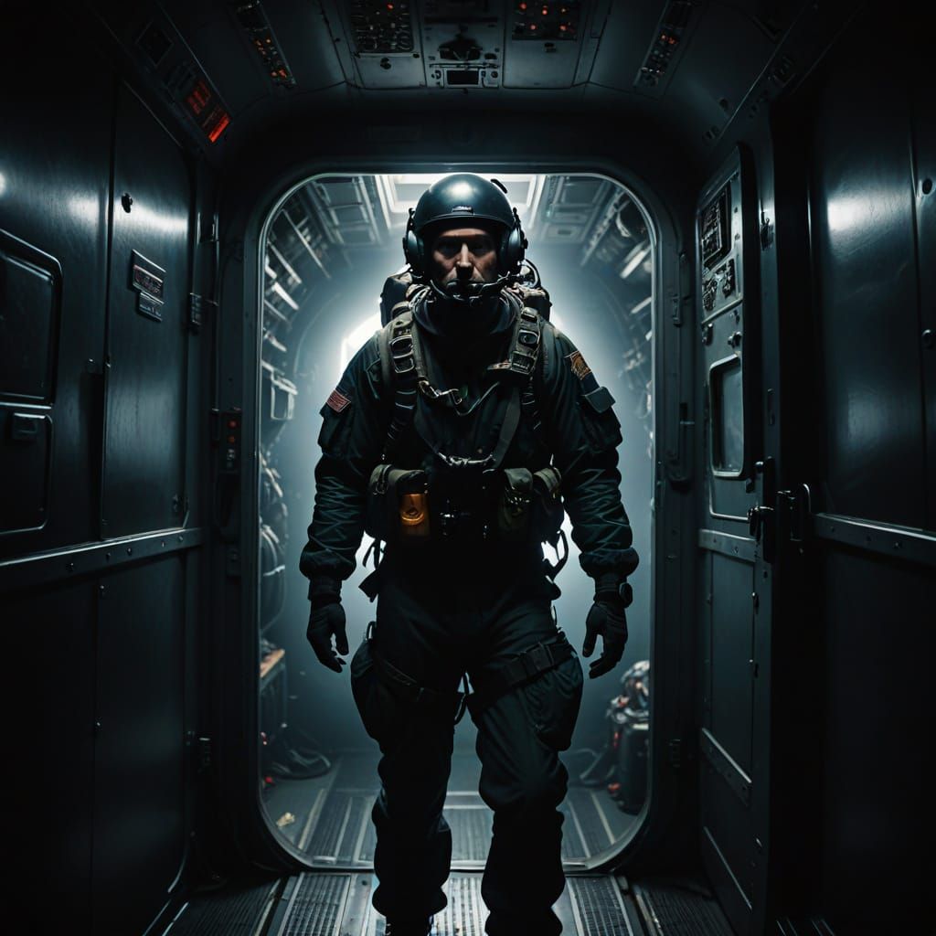 Cyberpunk-Style Parachutist Leaps into Darkened Skies