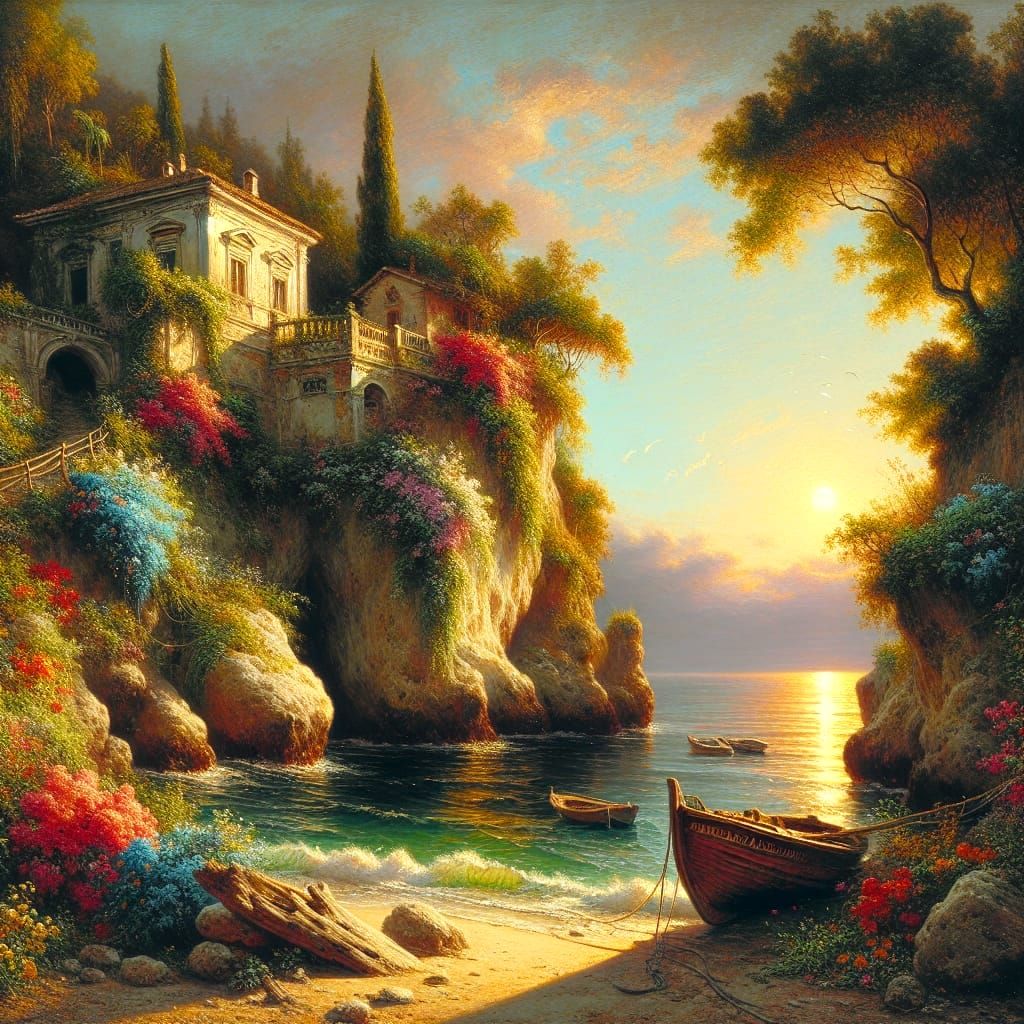 Sunlit Beach Villa as Oil Painting