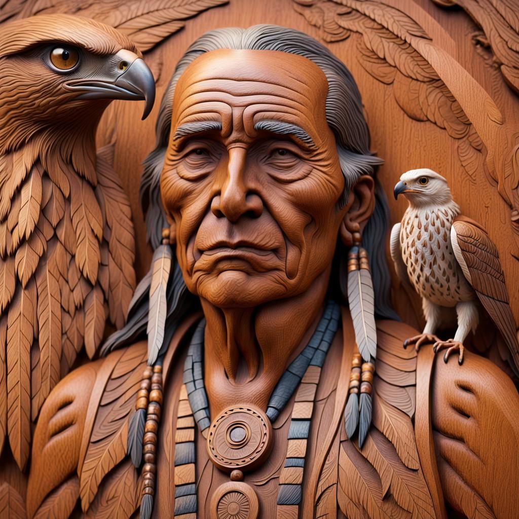 Native American Elder and Hawk Wood Carving