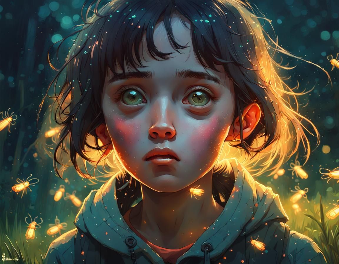 Scared Girl Portrait with Fireflies in Digital Illustration