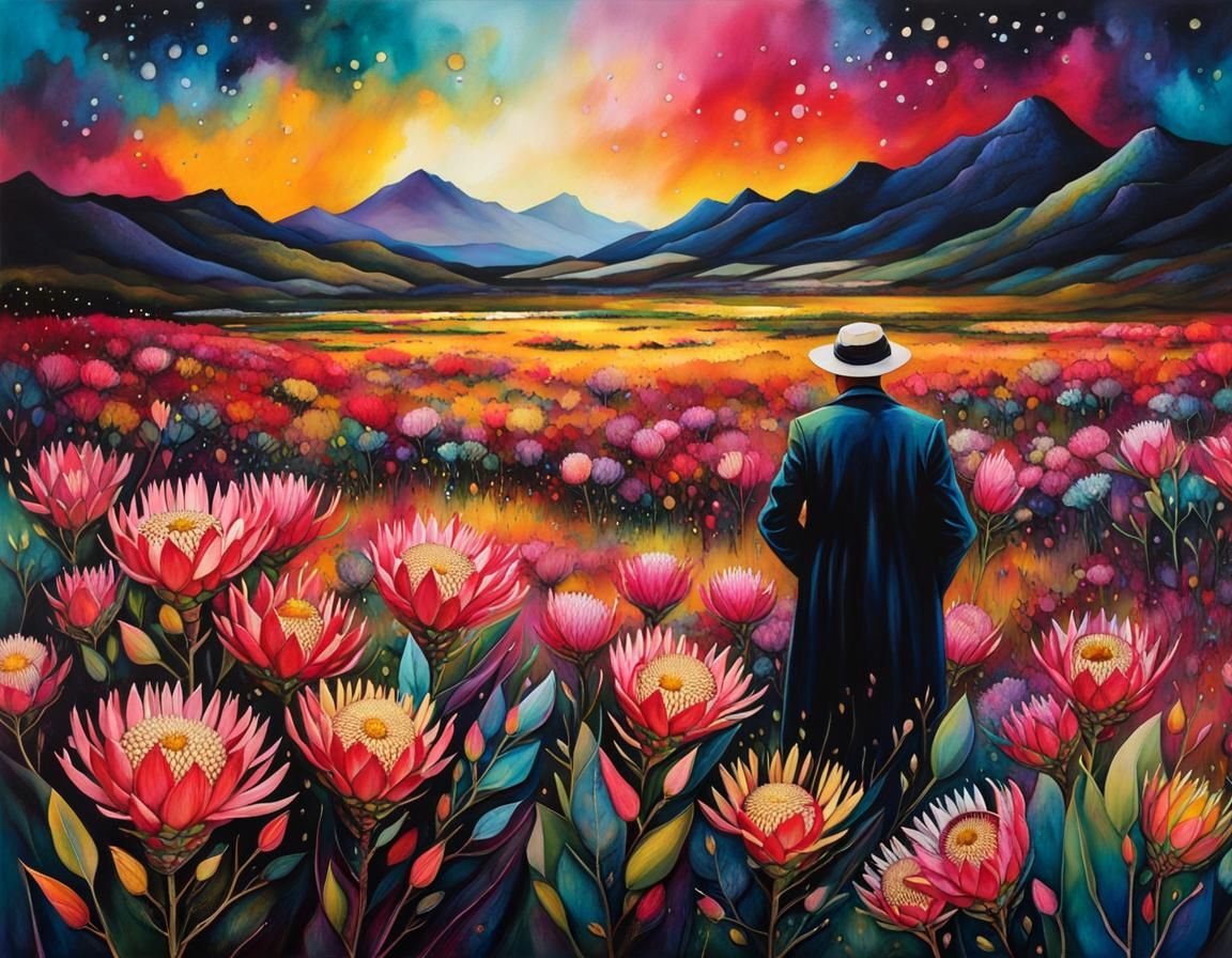 Rainy Night Over King Proteas Field in Alcohol Ink Style