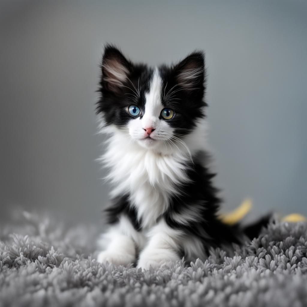 Fluffy Kitten with Unique Eyes on Grey Carpet