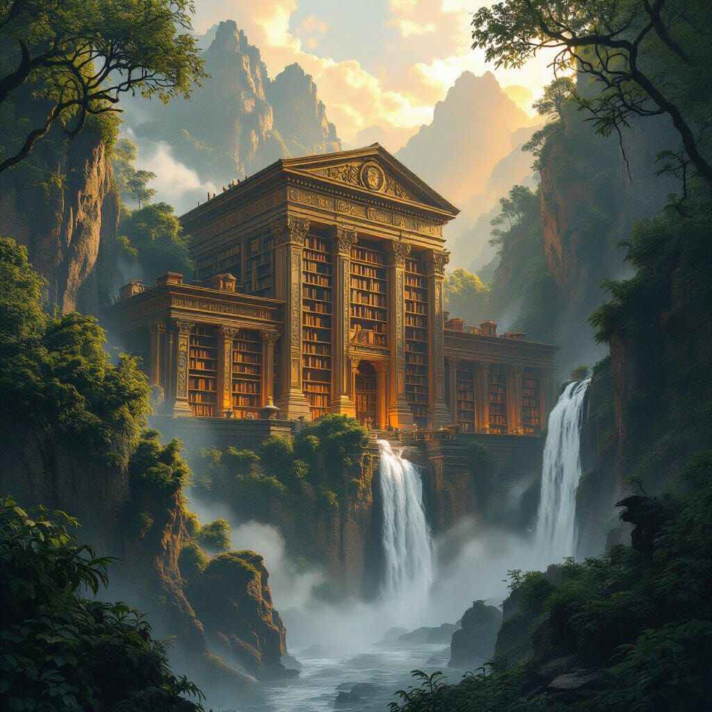 Ancient Mountain Library in Golden Light