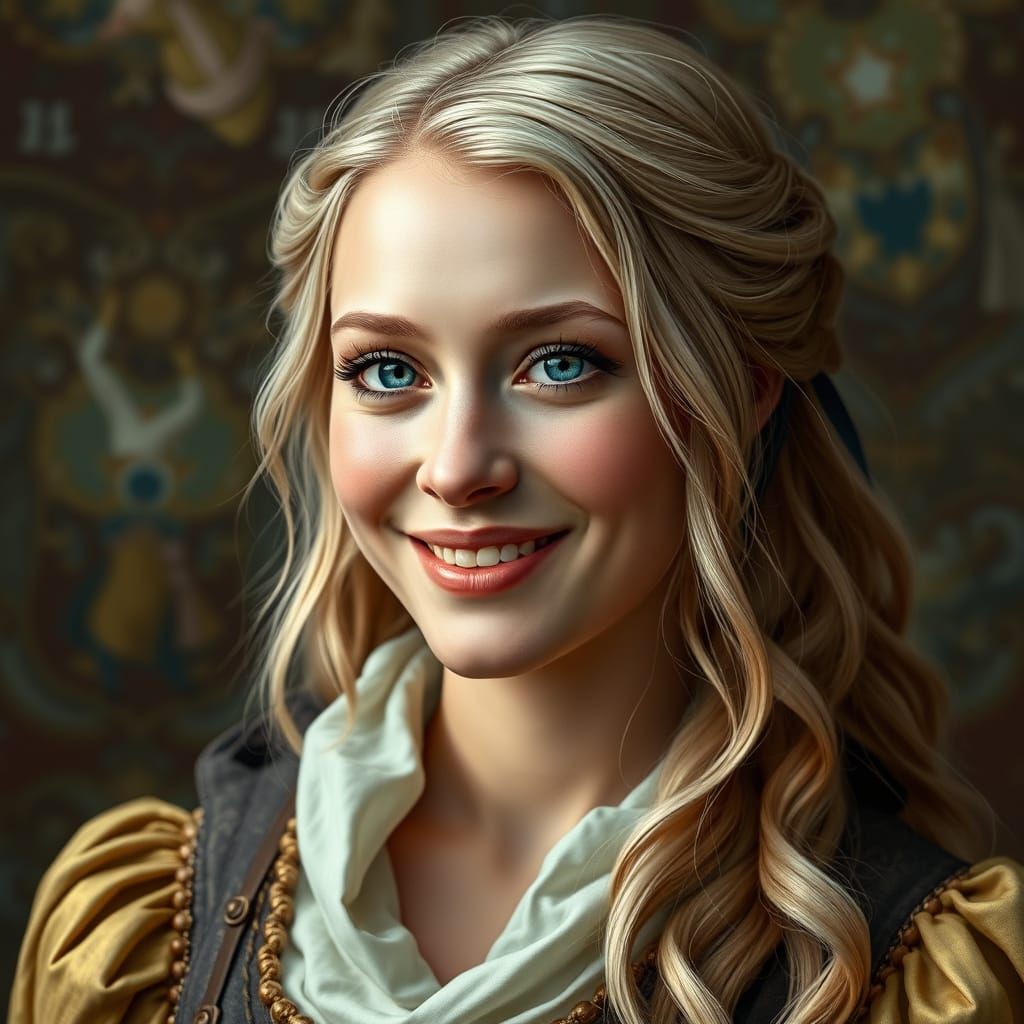 Gorgeous Blonde Woman in 1642 Style, Hyperrealistic Art