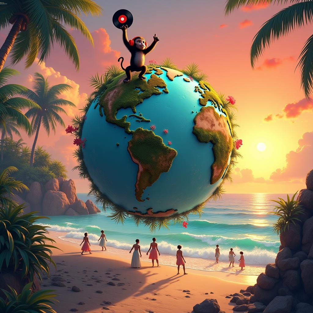Playful Monkey DJ on Planet Earth in Surreal Style