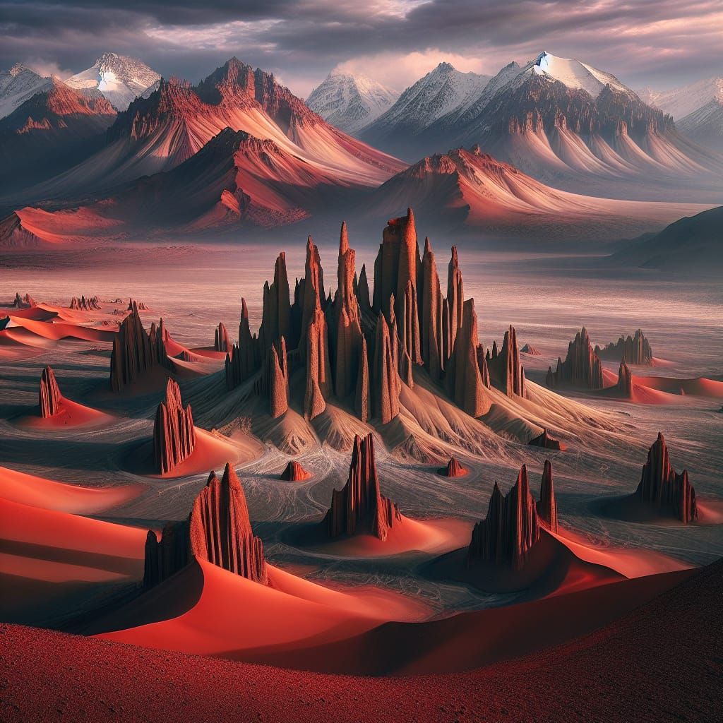 Majestic Red Sand Spires Against Volcanic Mountains