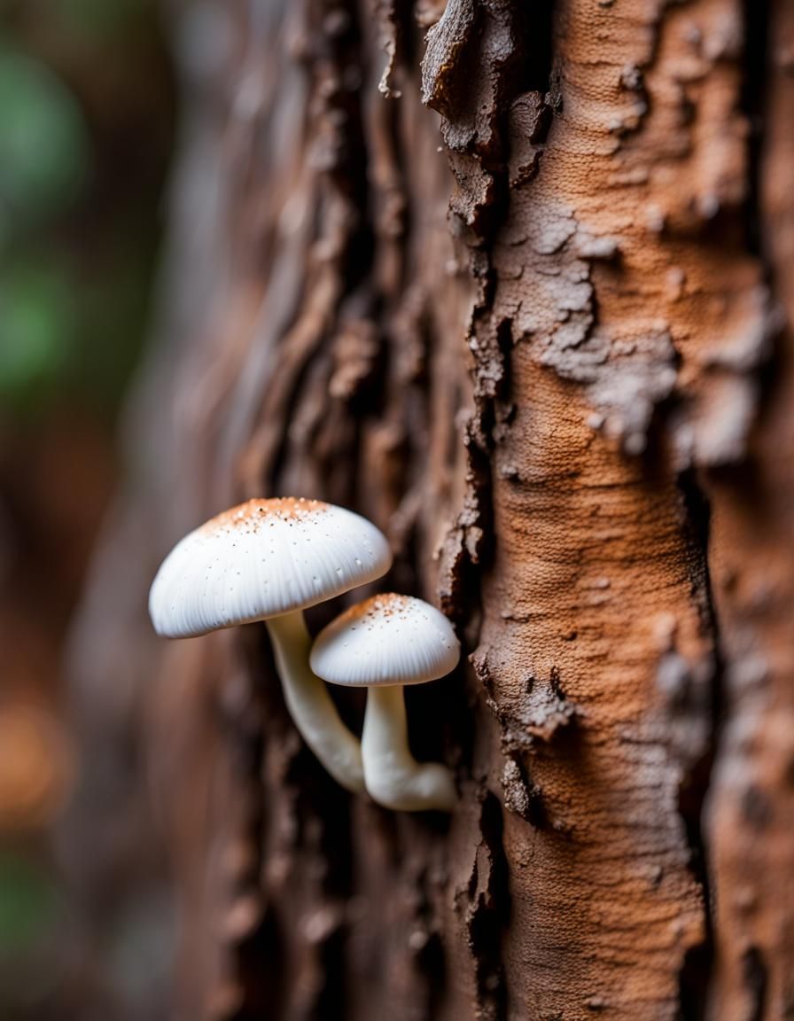 Macro Photo of Tiny Mushroom on Rustic Bark