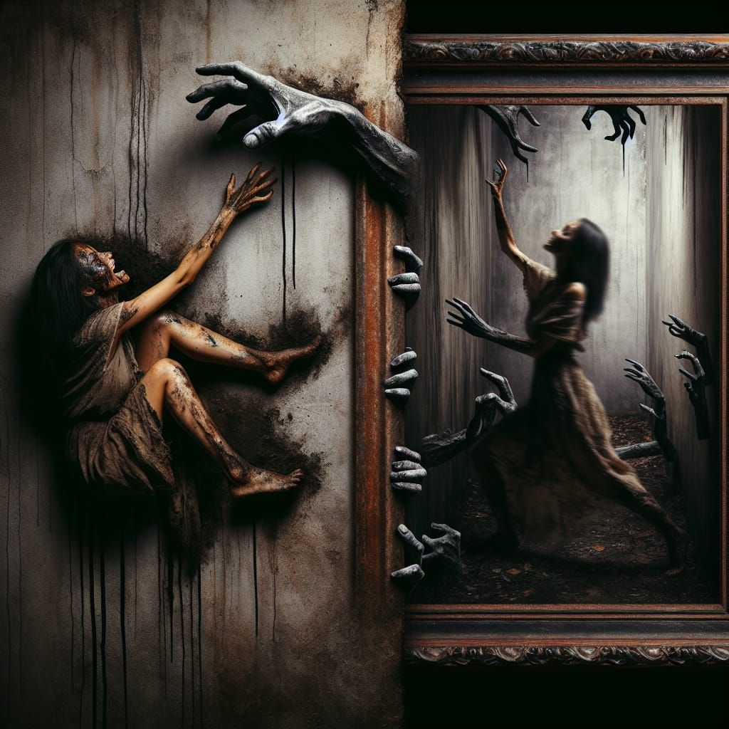Distressed Woman Escaping Hell Through Art Frame
