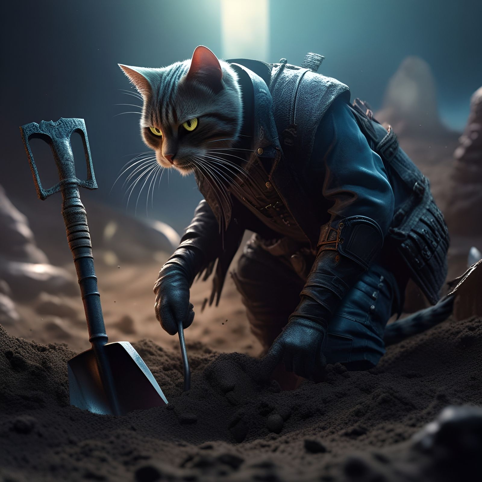 Fantasy Cat Humanoid Digging Grave: Concept Art