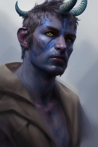 Intense Blue Tiefling Rogue Portrait in Expressionist Style