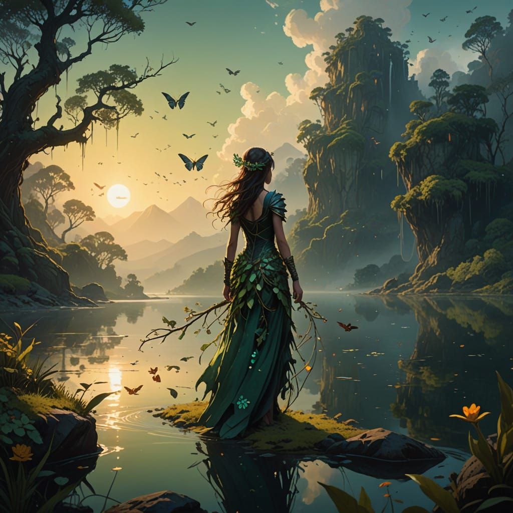 Hyperrealistic Enchanted Goddess in a Lush, Verdant Wonderla...