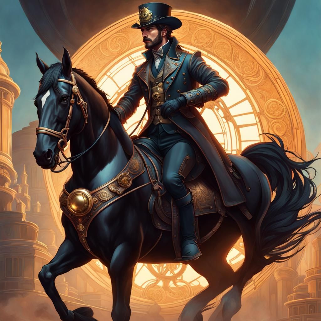 Steampunk Man on Horseback: Detailed Portrait