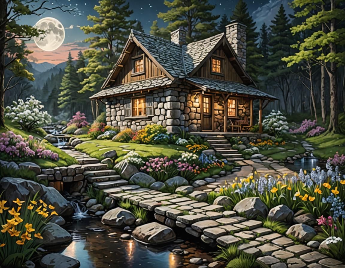 Hyperrealistic Stone Cabin in Woods with Moon