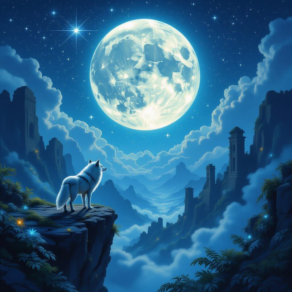 Stardust Wolf on Precipice Amidst Luminous Valley