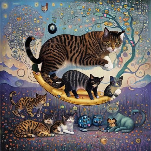 Anthropomorphic Cats Dreaming of Strange World as Oil Painti...