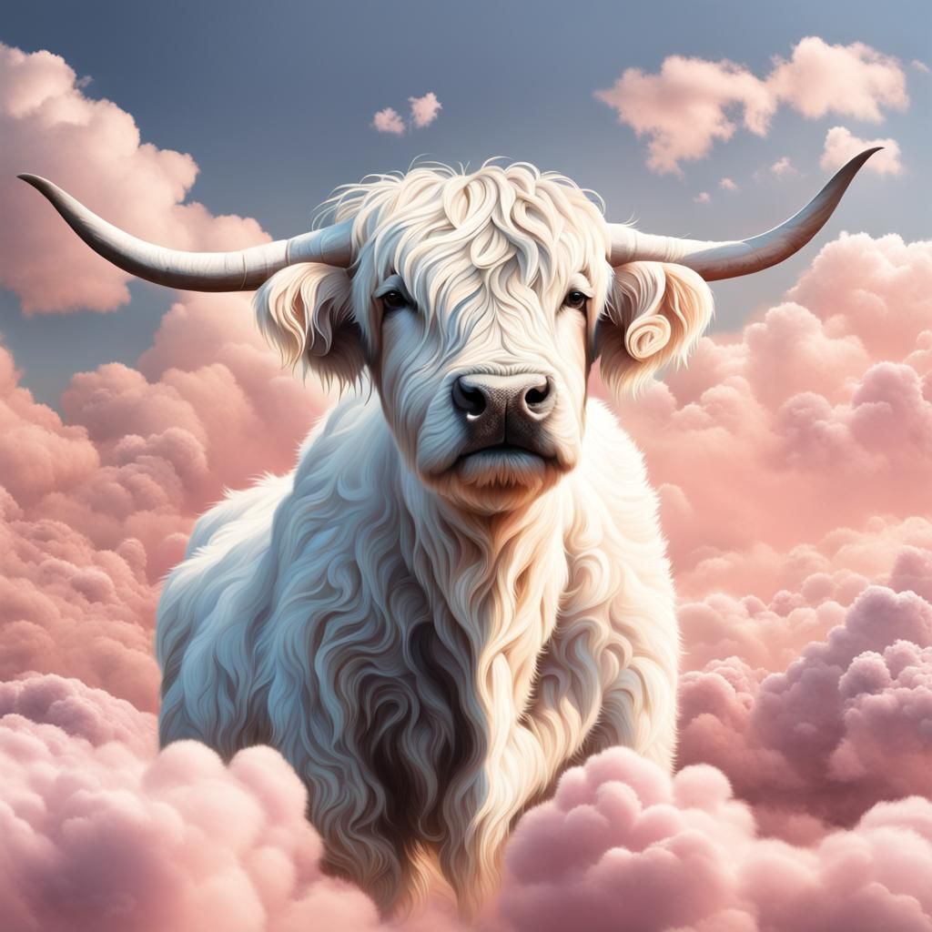 Fluffy Cloud Highland Calf Sleeping in Rosy Sky