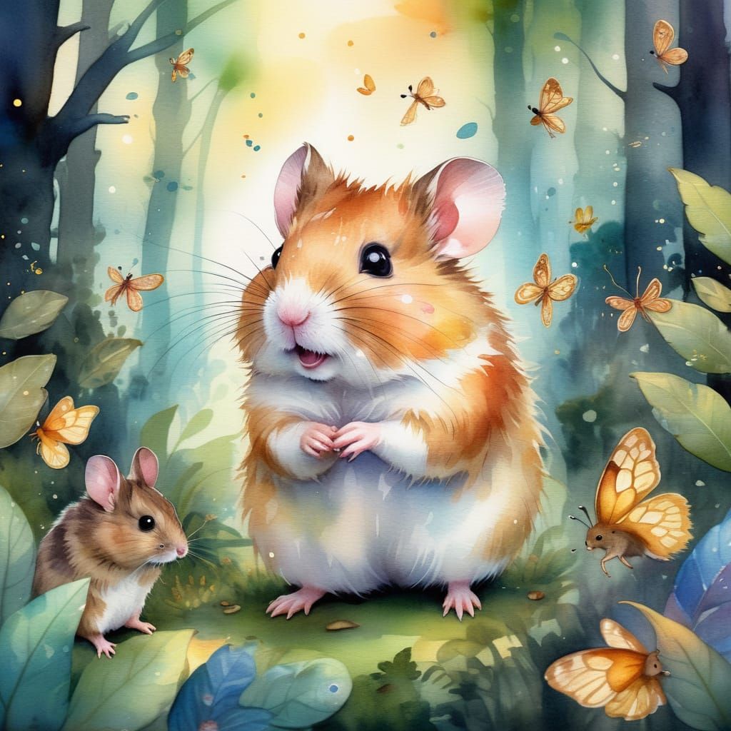 Enchanted Forest Hamster in Watercolour Splash Art