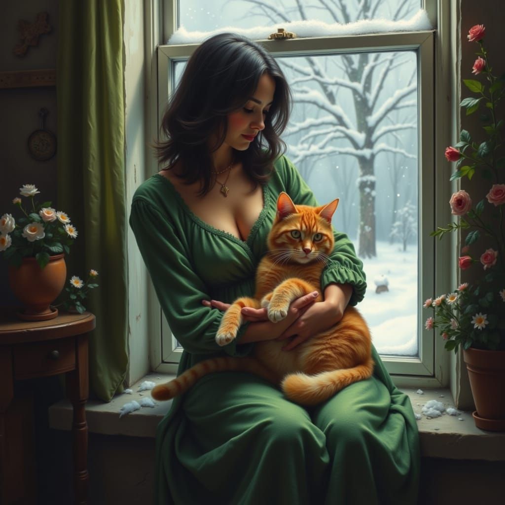 Woman in Green Nightgown Holds Orange Cat by Snowy Window